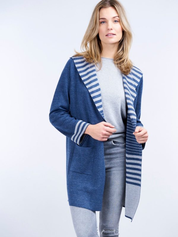 Dubbel gebreid cardigan met capuchon en strepen aan de binnenzijde bestellen via fashionciao