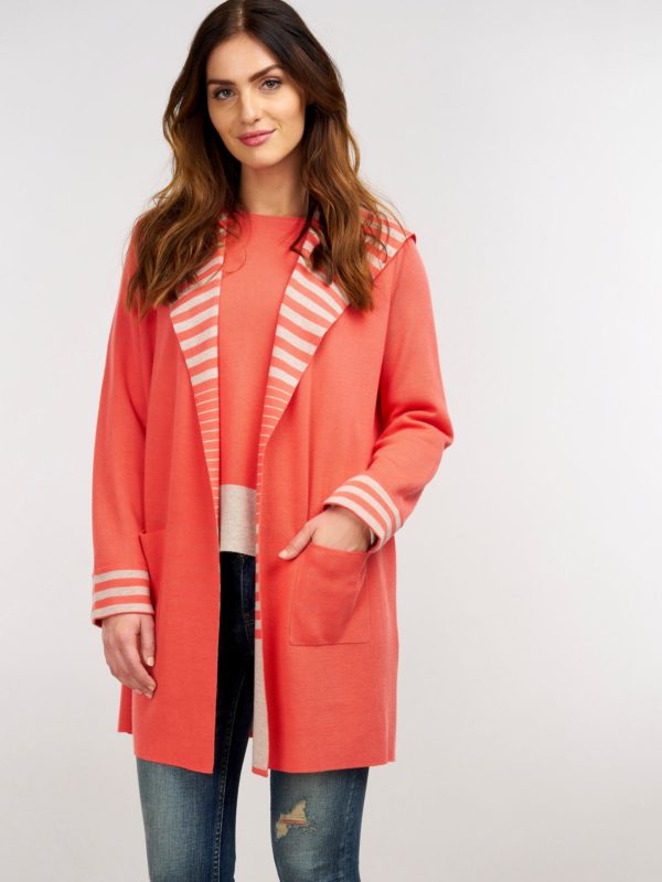 Dubbel gebreid cardigan met capuchon en strepen aan de binnenzijde bestellen via fashionciao