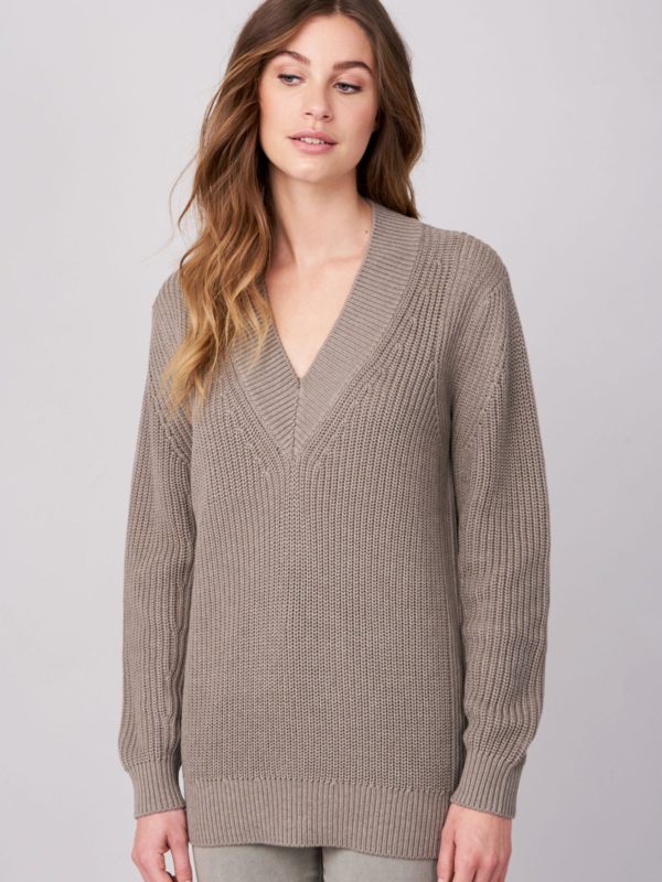 Lange geribde trui met diepe V-hals van zuiver katoen bestellen via fashionciao
