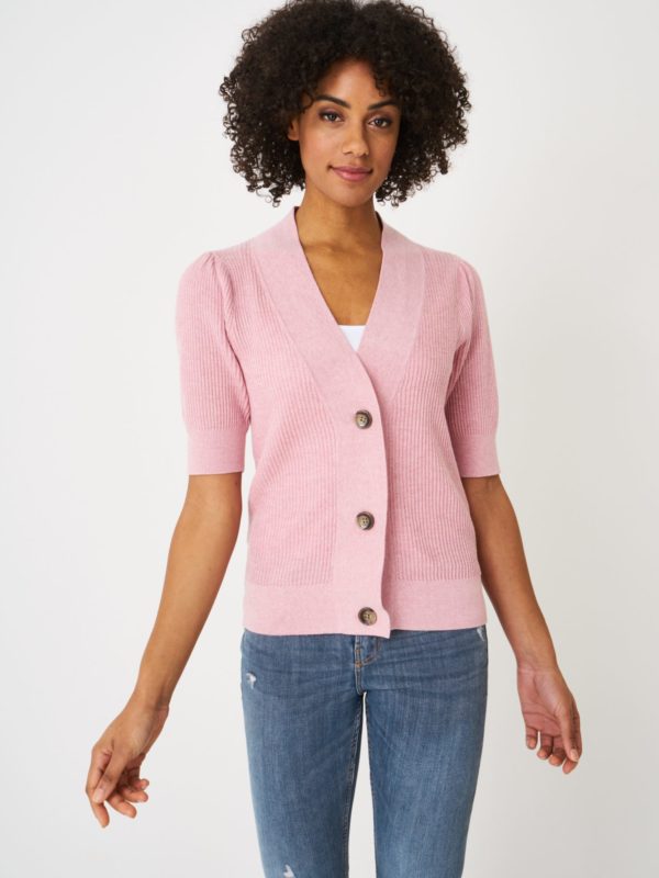 Ribgebreid V-hals cardigan met korte pofmouwen bestellen via fashionciao