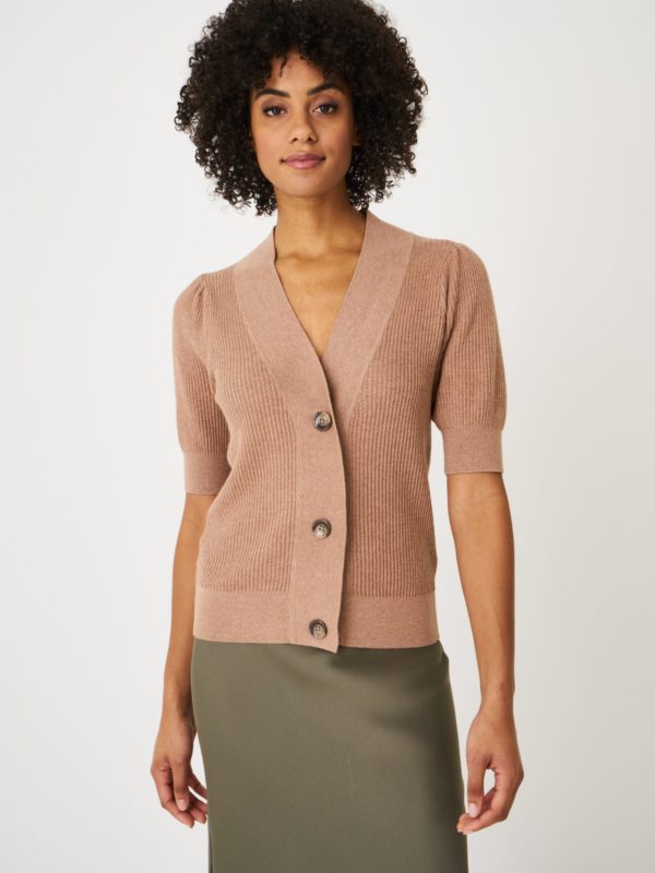 Ribgebreid V-hals cardigan met korte pofmouwen bestellen via fashionciao