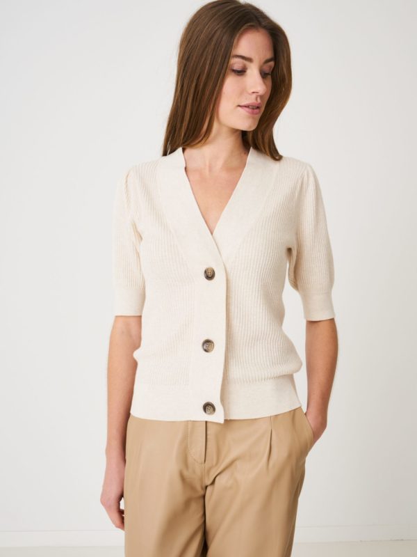 Ribgebreid V-hals cardigan met korte pofmouwen bestellen via fashionciao