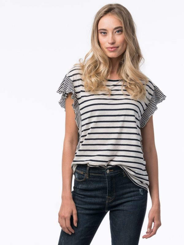 Gestreept T-shirt met ruche van linnen-mix bestellen via fashionciao