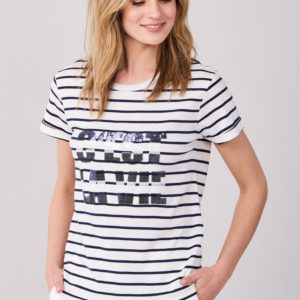 T-shirt in marine-look met opschrift in pailletten bestellen via fashionciao