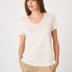 Basic puur linnen V-hals T-shirt met borstzakje bestellen via fashionciao