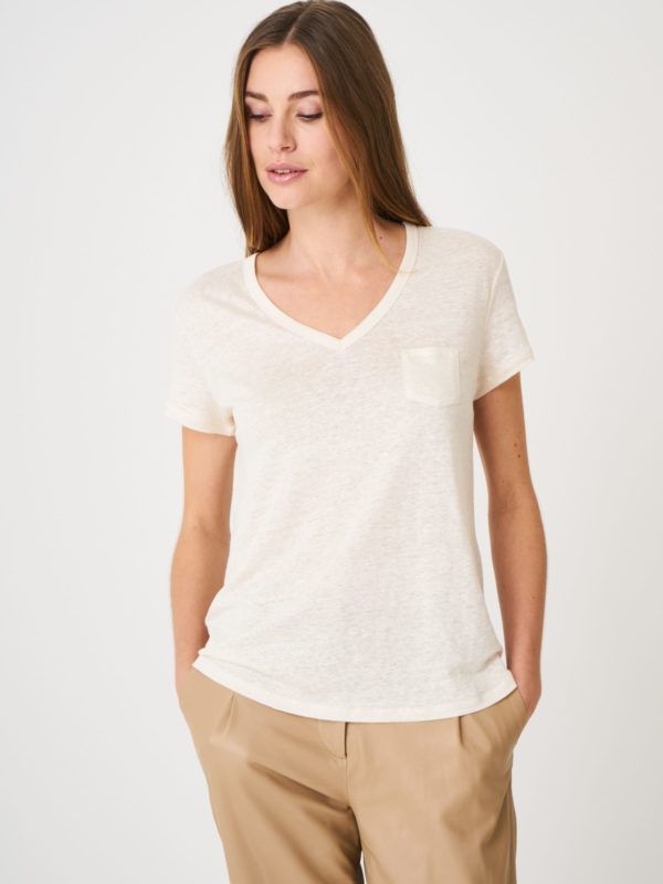 Basic puur linnen V-hals T-shirt met borstzakje bestellen via fashionciao