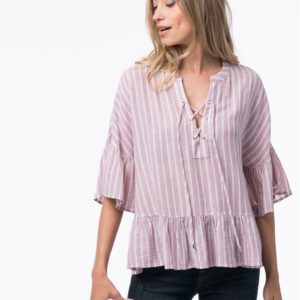 Gestreepte blouse met volant van linnen-mix bestellen via fashionciao