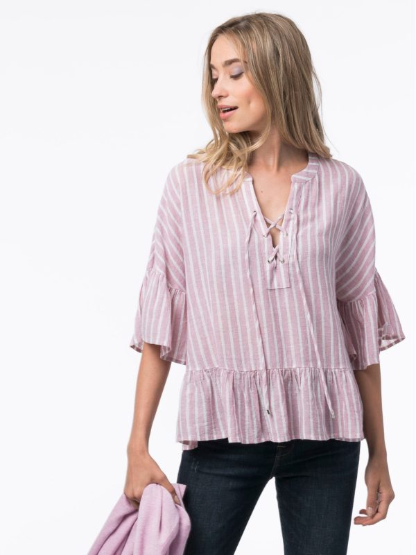 Gestreepte blouse met volant van linnen-mix bestellen via fashionciao