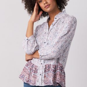 Zijden blouse met en mille-fleur-print en franje bestellen via fashionciao
