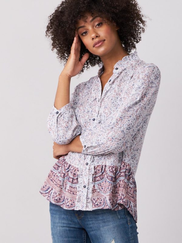 Zijden blouse met en mille-fleur-print en franje bestellen via fashionciao