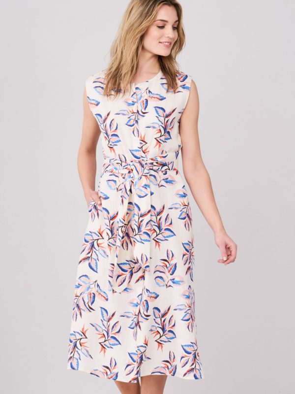 Mouwloze linnen jurk met tropische print bestellen via fashionciao