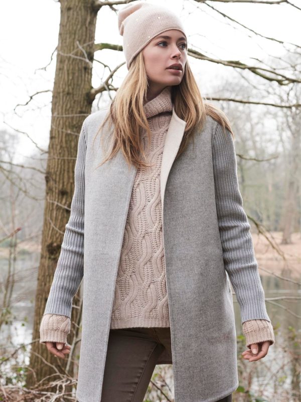 Lange tweekleurige geweven jas van cashmere en wol melange bestellen via fashionciao