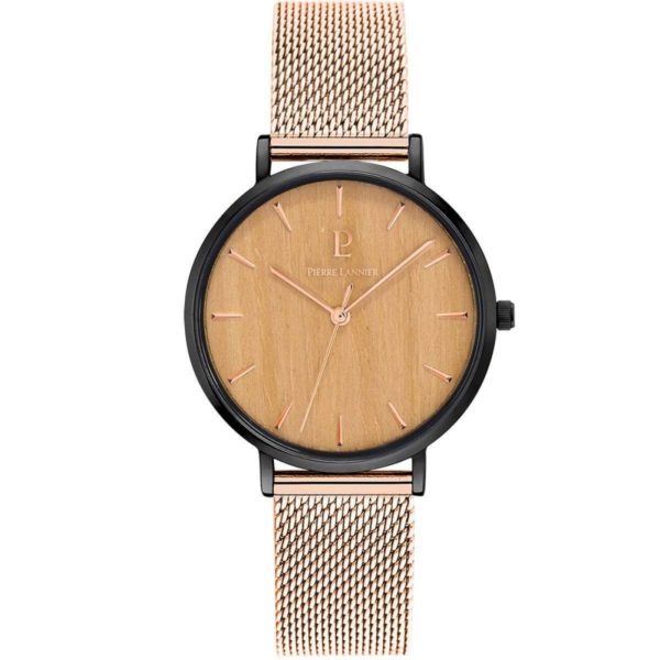 Pierre Lannier – “Nature” Dames horloge 018P988 (Rosé Goud, Zwart, Hout, Mesh Band) bestellen via fashionciao