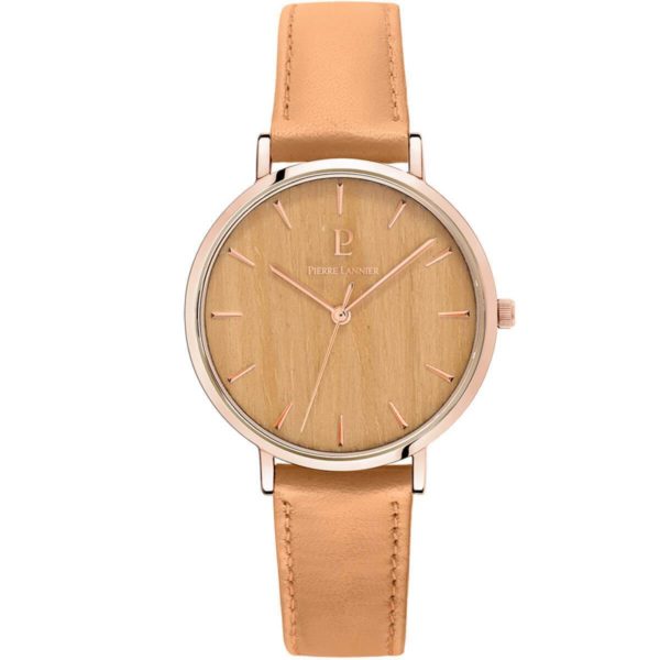 Pierre Lannier – “Nature” Dames horloge 018P994 (Rosé Goud, Camel Bruin, Hout, Leren Band) bestellen via fashionciao